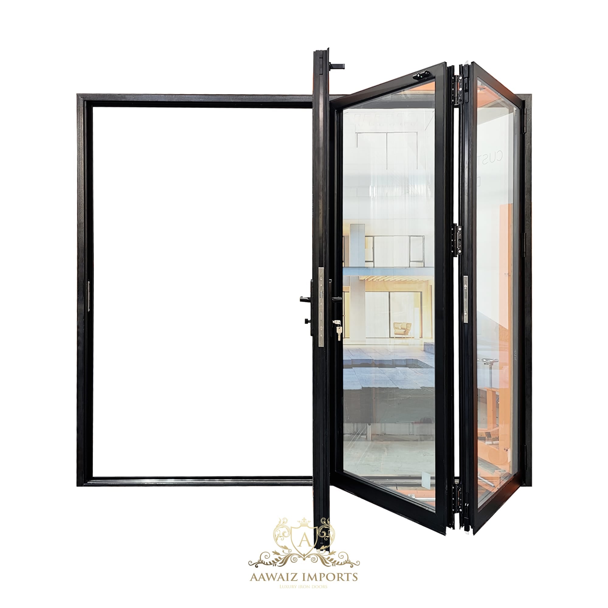 9 Ft Wide By 7 Ft Tall (108" By 84") Aluminum Bi Fold Patio Door Outswing Thermal Break Insulated Matt Black Finish