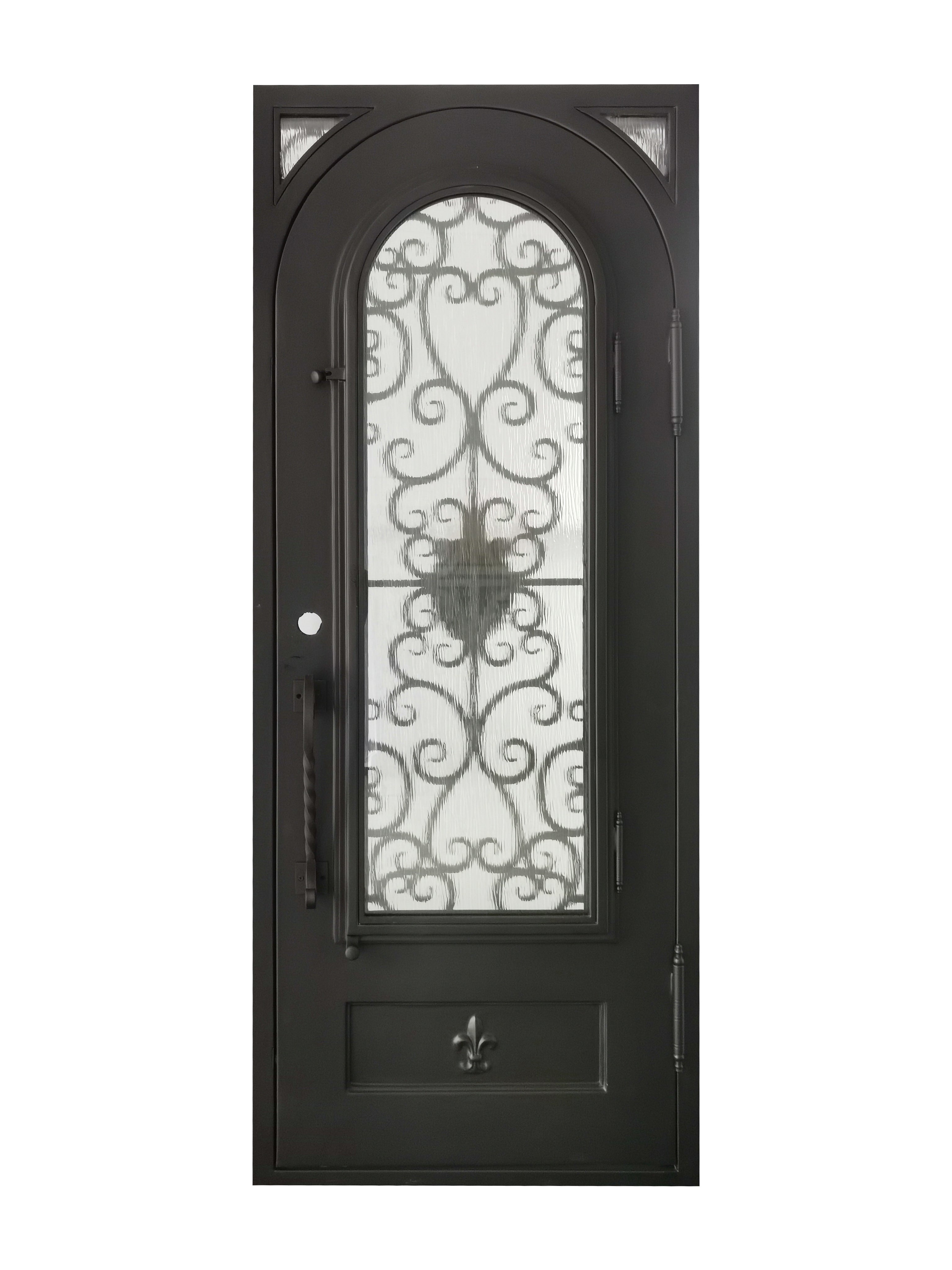 Coppell Pre Hung Single Front Entry Wrought Iron Door With Rain Glass Dark Bronze Finish