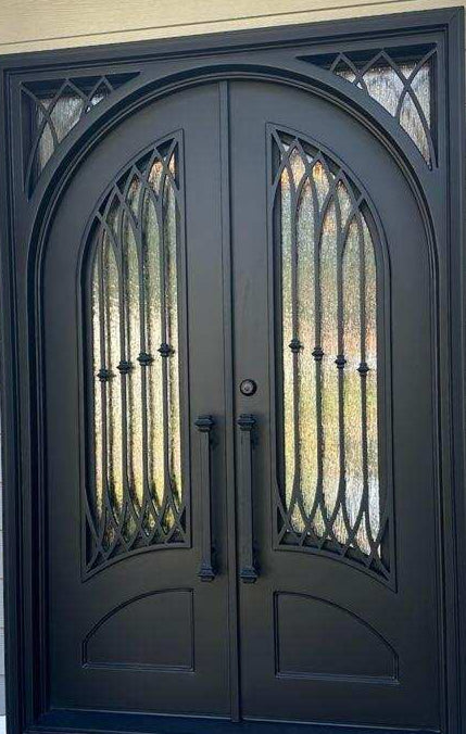 Austin Model Double Front Entry Iron Door With Tempered Rain Glass Dark Bronze Finish